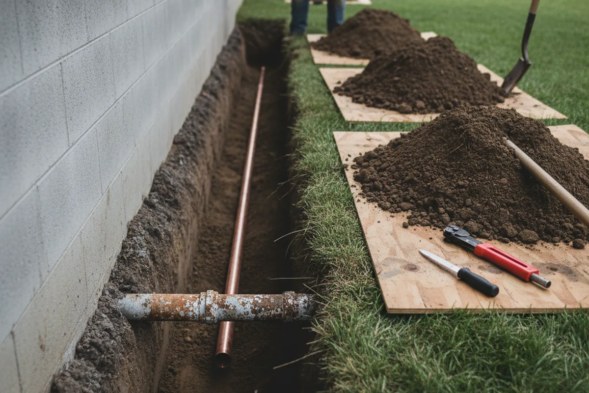 Excavated water line trench during Water Heater Repair in Quincy
